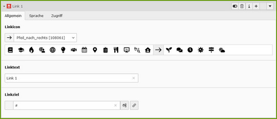 Screenshot des TYPO3-Backends zeigt, wie ein Link für die Icon-Banderole angelegt wird.