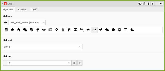 Link in Icon-Banderole anlegen Screenshot des TYPO3-Backends zeigt, wie ein Link für die Icon-Banderole angelegt wird.