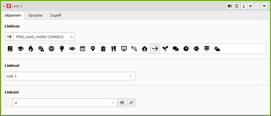 Link in Icon-Banderole anlegen Screenshot des TYPO3-Backends zeigt, wie ein Link für die Icon-Banderole angelegt wird.