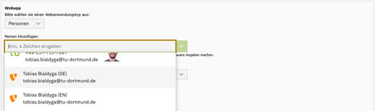 Screenshot des TYPO3 Backends zeigt Personenauswahl mit TYPO3-Icon, sowie Sprachkürzel.