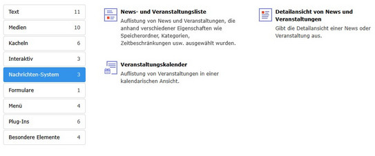 Screenshot des Auswahlfensters für die Inhaltselemente.