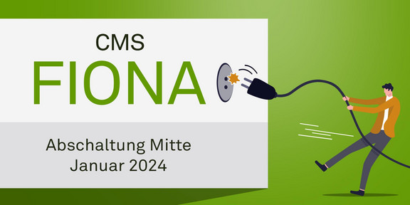 Bildmontage: Weiße Box mit der Aufschrift "CMS Fiona - Abschaltung Mitte Januar 2024". Stilisierte Person zieht Stecker aus der weißen Box.