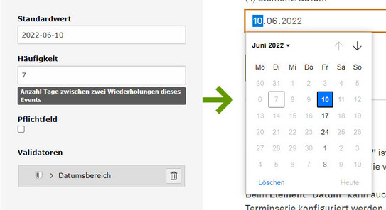 Screenshot des TYPO3-Backends zeigt Konfiguration einer wöchentlichen Terminserie.
