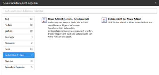 Screenshot des Auswahlfensters für die Inhaltselemente. 