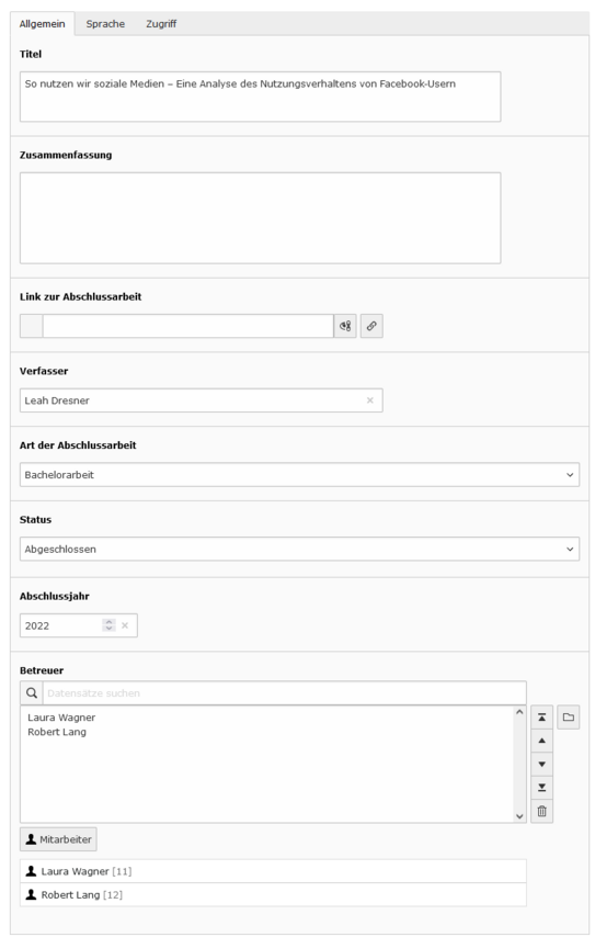 Screenshot der Eingabemaske für eine Abschlussarbeit