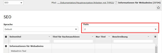 Screenshot des TYPO3 Backends zeigt markiertes Dropdown-Menü zur Auswahl der angezeigten Ebenen-Tiefe im SEO-Modul