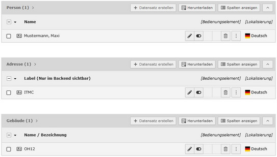 Personen Listenansicht Screenshot des TYPO3-Backends zeigt Listenansicht des Ordners Personen.