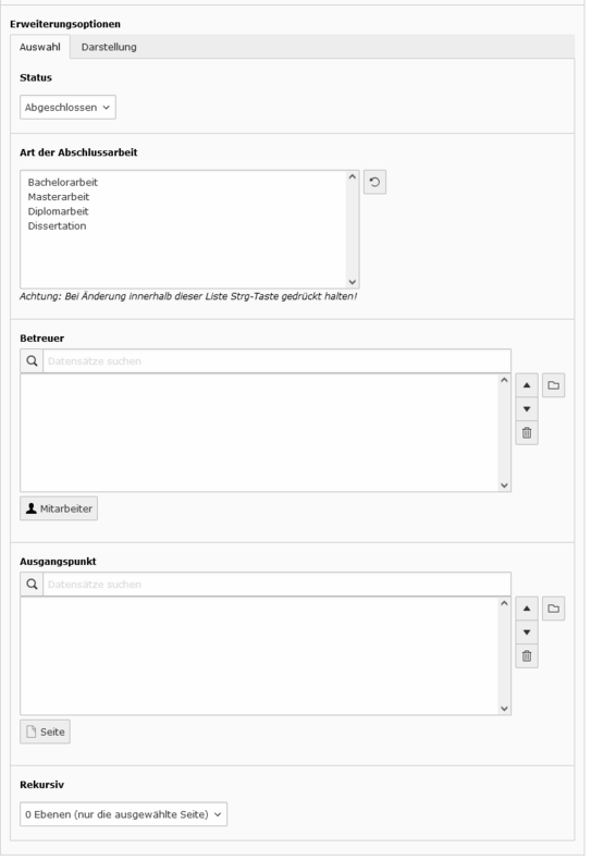 Erweiterungsoptionen Auswahl Screenshot der Erweiterungsoptionen - Tab Auswahl
