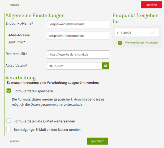 Formular ServicePortal Eigenschaften Screenshot der FormEndpoint-Eigenschaften