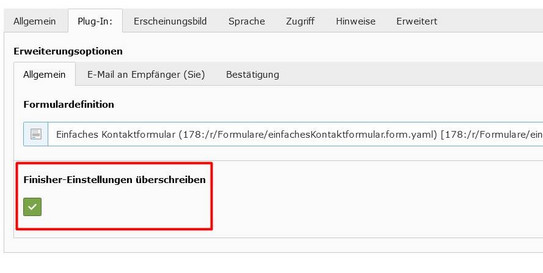 Screenshot des TYPO3 Backends zeigt Überschreiben von Finishern