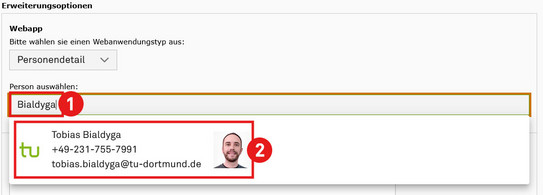 Screenshot des TYPO3 Backends zeigt Suche und Auswahl einer Person in der Kontakte WebApp für die Anzeige als Personendetail.