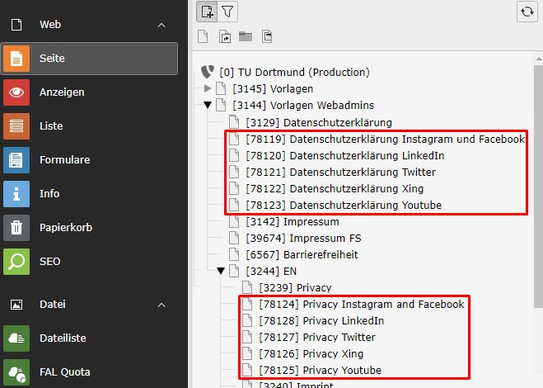 Screenshot des TYPO3-Backends zeigt die Position der Vorlagen im Seitenbaum. Alle Vorlagen befinden sich unterhalb der Seite "Vorlagen Webadmins" mit der UID 3144.