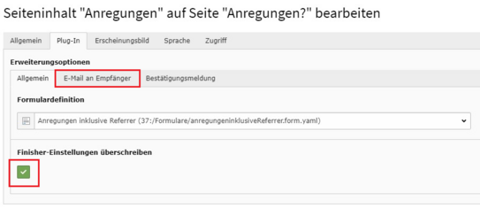 Haken bei Finisher-Einstellungen Screenshot eines Backend-Menüs