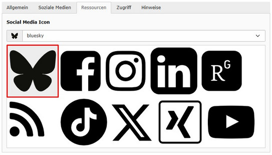 Bluesky-Icon Screenshot des TYPO3-Backends zeigt Auswahl des Bluesky-Icons auf einer Social Media Seite.