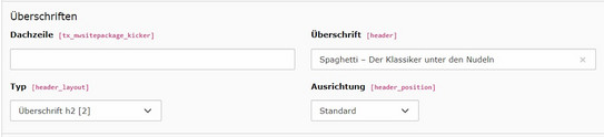 Screenshot des TYPO3 Backends zeigt ausgefülltes Feld "Überschrift" für die Beschriftung des Akkordeon-Elements im Frontend.