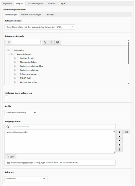Veranstaltungskalender Reiter Einstellungen TYPO3-Backend: Plugin-Einstellungen eines Veranstaltungskalenders mit Kategorie-Auswahl und Ausgangspunkt-Konfiguration