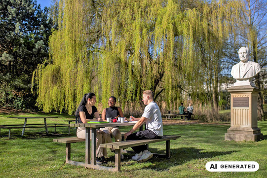 AI generated - Drei Studierende sitzen an einem Picknicktisch auf einer sonnigen Grünfläche vor einer großen Trauerweide. Rechts im Bild steht die Büste eines Mannes auf einem steinernen Sockel.