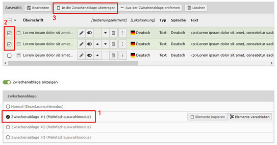 Screenshot des TYPO3-Backends zeigt Kopieren von mehreren Datensätzen - Schritte 1 bis 3 der Dokumentation.