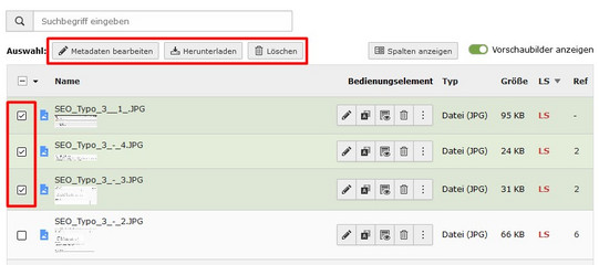Auswahl mehrerer Dateien in der Dateiliste Screenshot des TYPO3-Backends zeigt Auswahl mehrerer Dateien in der Dateiliste.