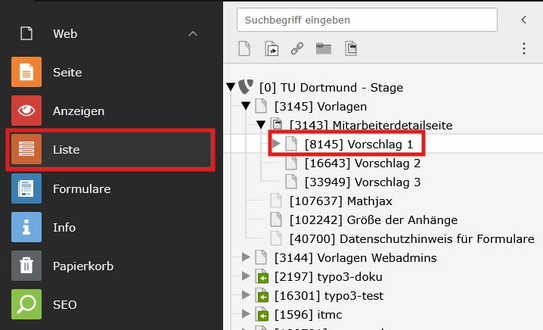 Screenshot des TYPO3 Backends zeigt Öffnen einer Vorlage mit dem Modul "Liste".