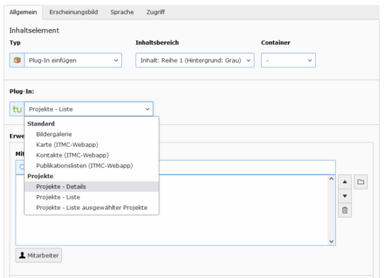Wechsel des Plugins Screenshot der ausgeklappten Auswahlbox für das Plugin