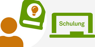 Teaserbild für das Thema Schulungen zeigt vereinfachten Umriss einer Person samt Lehrbuch. Neben der Person steht ein stilisierter Laptop mit der Aufschrift "Schulung".