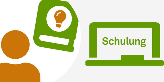 Teaserbild für das Thema Schulungen zeigt vereinfachten Umriss einer Person samt Lehrbuch. Neben der Person steht ein stilisierter Laptop mit der Aufschrift "Schulung".