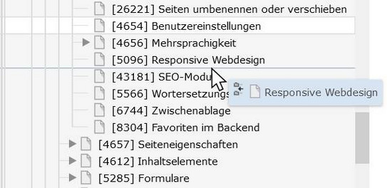 Seite verschieben - zwischen zwei bestehende Seiten Screenshot des TYPO3-Backends zeigt Verschieben einer Seite zwischen zwei bestehende Seiten