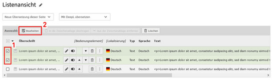 Datensätze bearbeiten: Schritte 1 und 2 Screenshot des TYPO3-Backends zeigt Bearbeiten von mehreren Datensätzen - Schritte 1 und 2 der Dokumentation.
