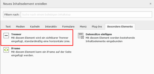 Inhaltselement Trenner Einfügen des Inhaltselements Trenner