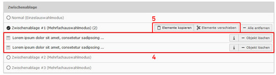 Datensätze kopieren: Schritte 4 und 5 Screenshot des TYPO3-Backends zeigt Kopieren von mehreren Datensätzen - Schritte 4 und 5 der Dokumentation.