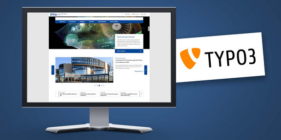 Website der UA Ruhr zieht in TYPO3 Installation der TU Dortmund Monitor mit Website der UA Ruhr - daneben das TYPO3 Logo.