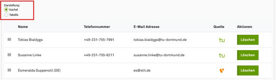 Screenshot of the TYPO3 backend shows selection Selection of contact tile or list view