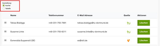 Screenshot of the TYPO3 backend shows selection Selection of contact tile or list view