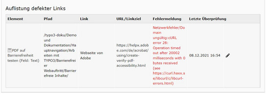 Check results table Screenshot of the TYPO3 backend showing the table of check results