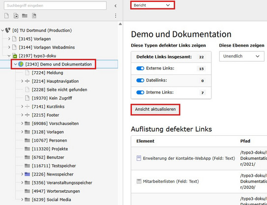 Viewing and filtering the report Screenshot of the TYPO3 backend showing how to view and filter the report