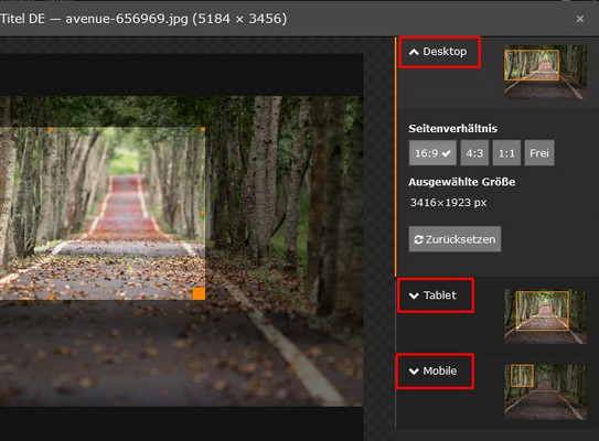 Screenshot des TYPO3-Backends zeigt Bildeditor mit der möglichen Auswahl von Bildausschnitten für Desktop-PCs, Tablets und Mobiltelefone