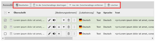 Listenansicht: Funktionen bei Mehrfachauswahl Screenshot des TYPO3 Backends zeigt Funktionen bei Mehrfachauswahl von Datensätzen.
