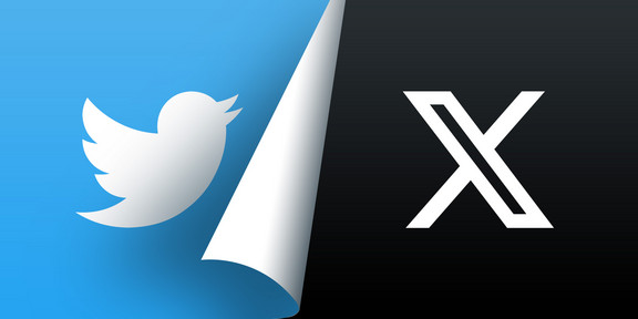 Grafik mit dem alten Twitter-Logo auf der linken und dem neuen X-Logo auf der rechten Seite