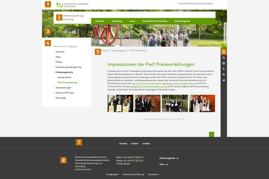Ein Screenshot mit den Bereichen der Website der TU Dortmund