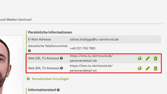 Screenshot zeigt den Bereich "Meine Daten" im Service Portal mit Hinterlegung von jeweils einem Link für die deutsche und englische Personendetailseite.