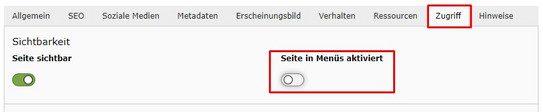 Seite ausblenden Screenshot des TYPO3-Backends zeigt Position der Checkbox zum Ausblenden der Seite aus dem Menü. Die Checkbox befindet sich in den Seiteneigenschaften, im Reiter "Zugriff".