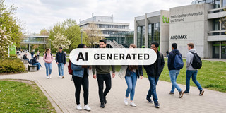 KI-generiertes Bild von Studierenden auf einem fiktiven Campus der TU Dortmund. Im Vordergrund das "AI generated" Icon der EU.
