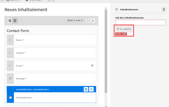 Inhaltselement mit Inhalt befüllen 1 Screenshot des TYPO3 Backends zeigt hervorgehobenen Button "tt_content" im Formulareditor