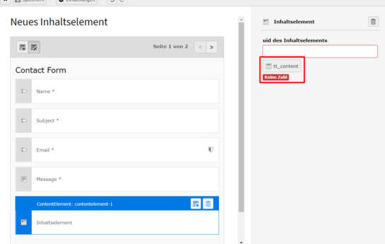 Inhaltselement mit Inhalt befüllen 1 Screenshot des TYPO3 Backends zeigt hervorgehobenen Button "tt_content" im Formulareditor