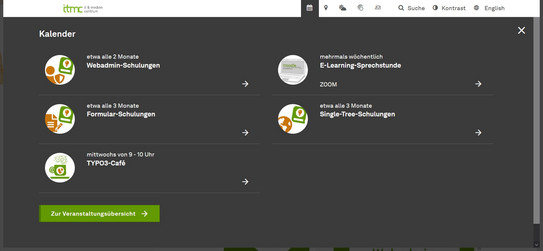 Das Off-Canvas-Menü im Frontend Screenshot des TYPO3-Frontends zeigt geöffnetes Off-Canvas-Menü.