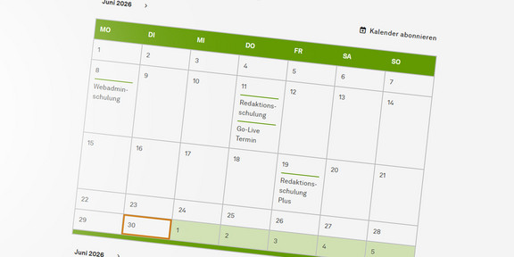 Veranstaltungskalender – neue Funktion im TYPO3-Frontend Das Bild zeigt einen Veranstaltungskalender als neues Funktionsfeature im TYPO3-Frontend, dargestellt in der Monatsansicht mit eingetragenen Beispielterminen.