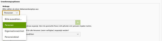 Screenshot of the TYPO3 backend showing selection of the web application type “People.”
