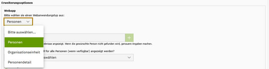 Screenshot des TYPO3 Backends zeigt Auswahl des Webanwendungstyps "Personen.