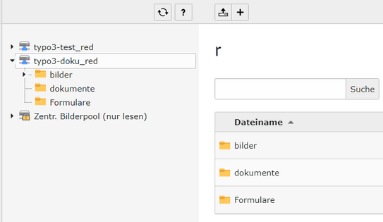 Screenshot des TYPO3 Backends - zeigt das aufgeklappte Dateiverzeichnis für Redakteure / Redakteurinnen, darin der Ordner "Formulare.
